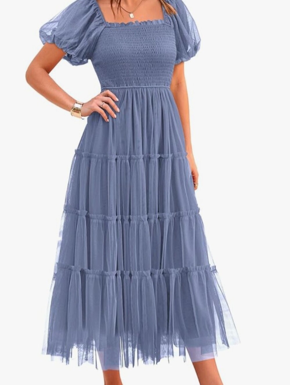 Smocked Square Neck Maxi Dress in Dusty Blue